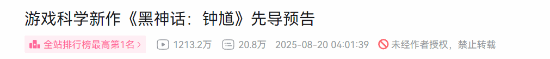 黑神话：钟馗弹幕数超二十万！播放超一千两百万