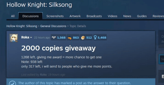 骗子借“赠送空洞骑士：丝之歌”为由骗取玩家 Steam 点数 所幸 V 社已正义执行!